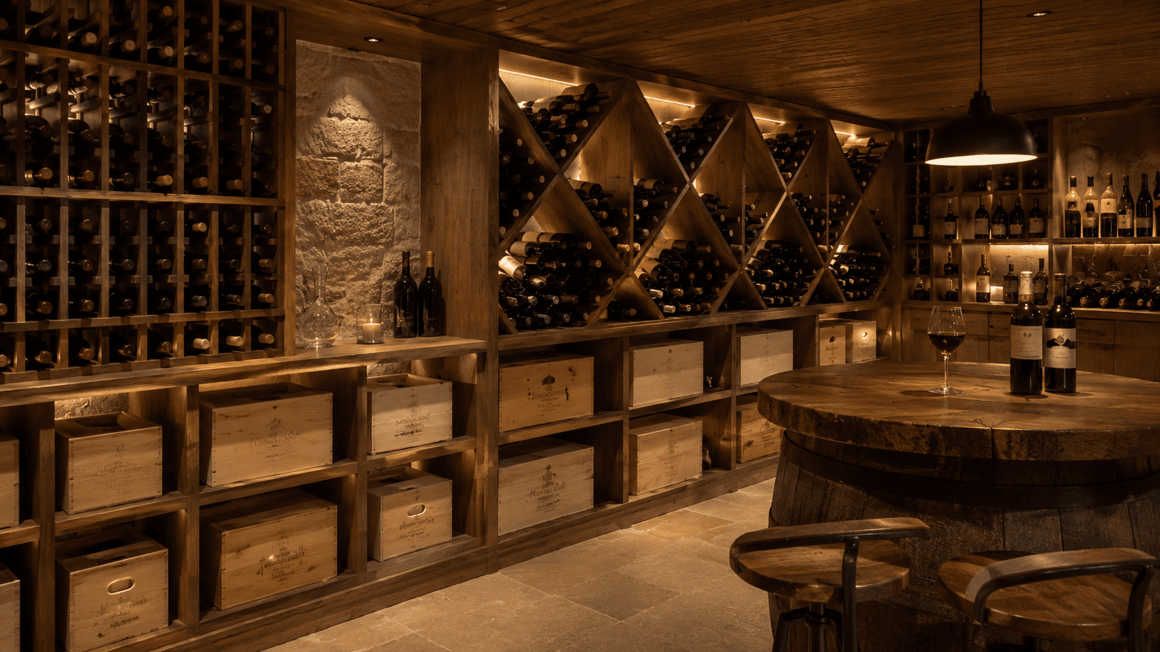 Wine cellar with wooden racks and bottles